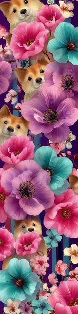 Free dog bookmarks featuring a peeking dogs behind a lot of flowers